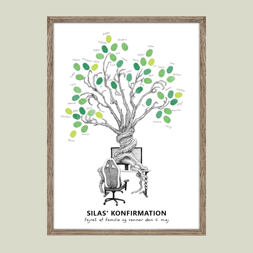 Fingeraftryksplakat med gamertræ og computer – håndtegnet gæstebog plakat til konfirmation og nonfirmation.