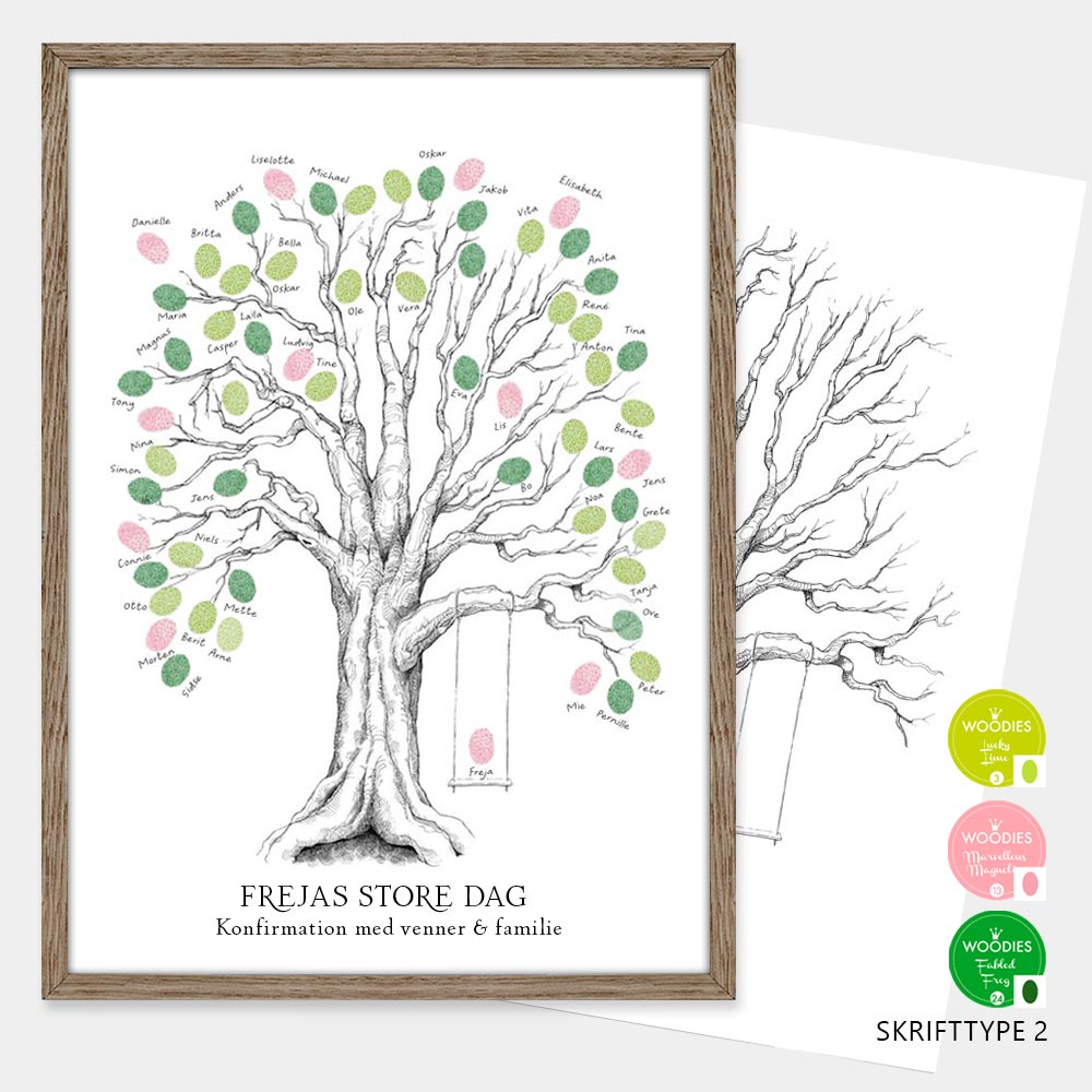 Fingeraftryksplakat med træ og gynge – håndtegnet gæstebog plakat til konfirmation og nonfirmation.