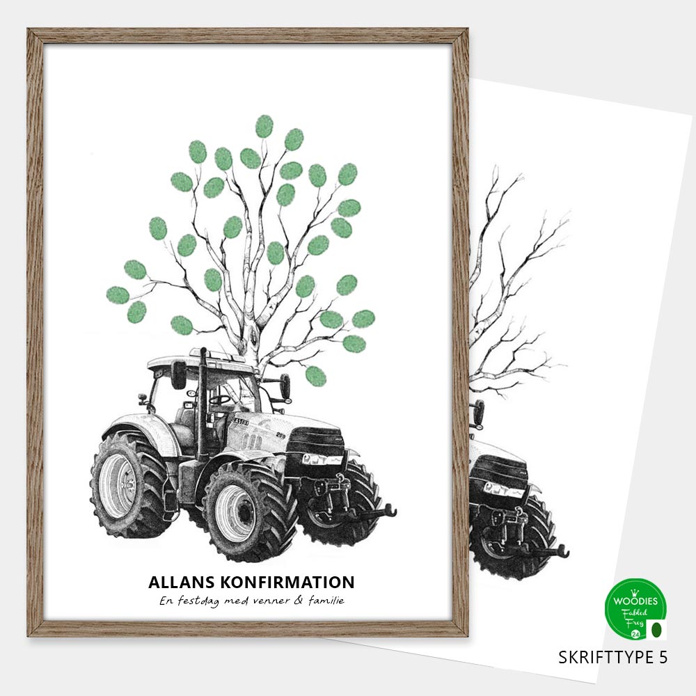 Fingeraftryksplakat med traktor og træ – håndtegnet gæstebogsplakat til konfirmation og nonfirmation.