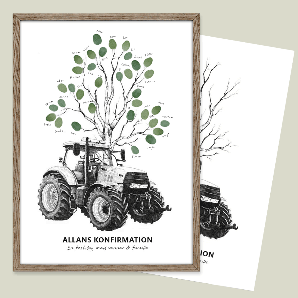 Fingeraftryksplakat med traktor og træ – håndtegnet gæstebogsplakat til konfirmation og nonfirmation.