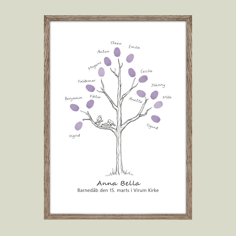 Fingeraftryksplakat med lille træ og fuglerede – håndtegnet gæstebog plakat til dåb eller navngivning.