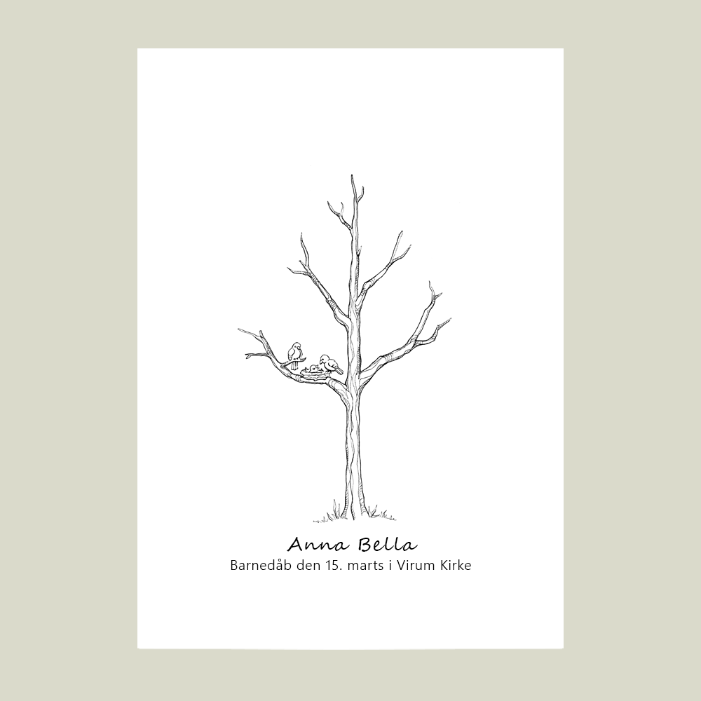 Fingeraftryksplakat med lille træ og fuglerede – håndtegnet gæstebog plakat til dåb eller navngivning.