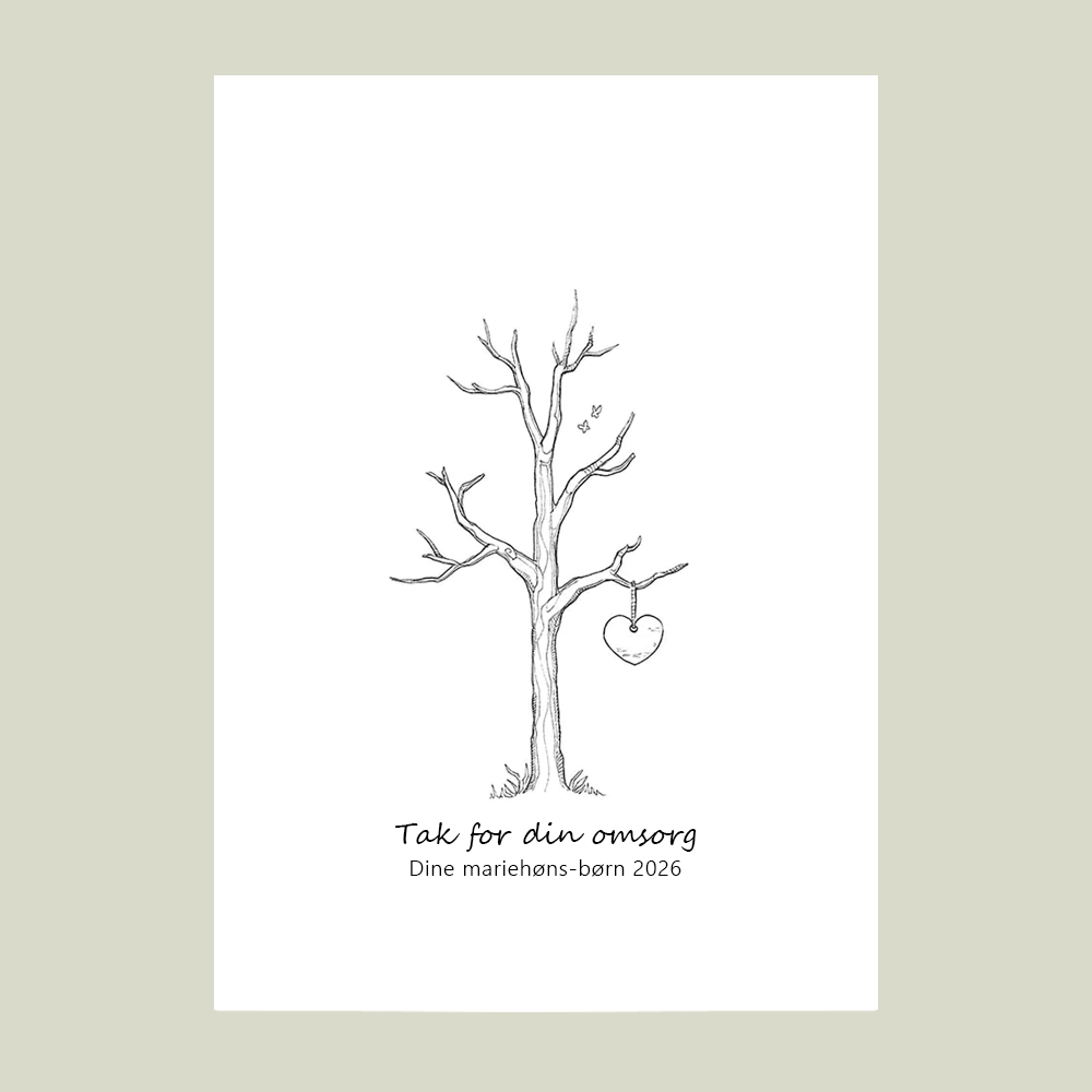 Fingeraftryksplakat med lille træ og hjerte – håndtegnet gæstebog plakat til dåb, bryllup eller som takkegave.