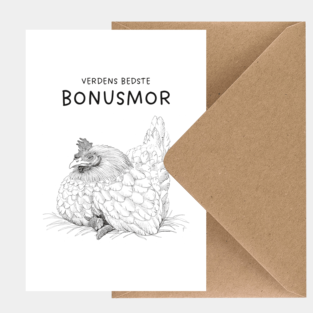 Kort til bonusmor med håndtegnet høne og teksten 'Verdens bedste bonusmor', kunstpapir og kvistkuvert