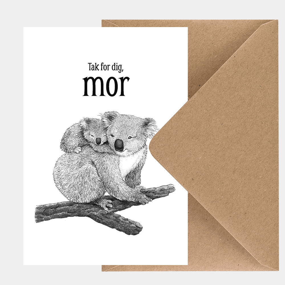 Kort til mor med håndtegnet koalamor og unge på gren og teksten 'Tak for dig, mor', kunstpapir og kvistkuvert
