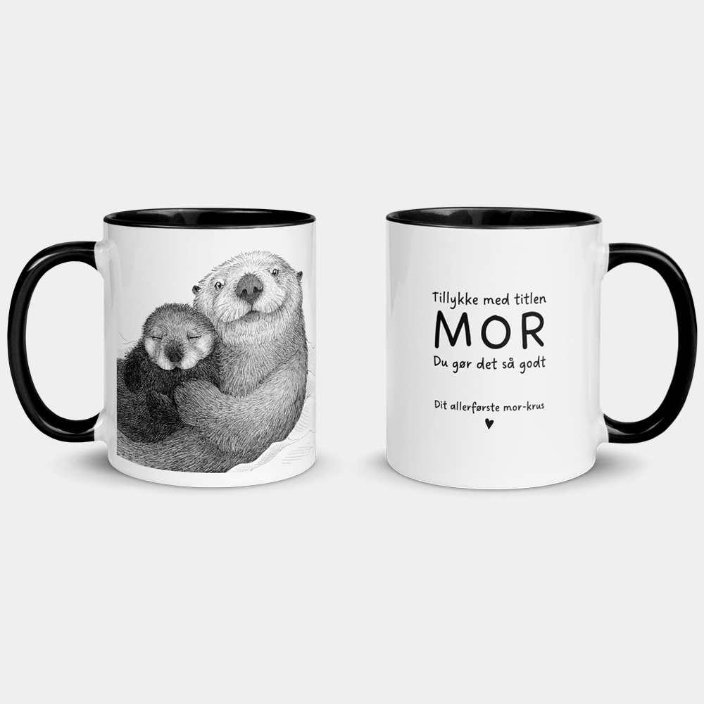 Dit allerførste mor-krus med tegnet oddermor og unge, bagsiden med 'Tillykke med titlen mor', sort hank