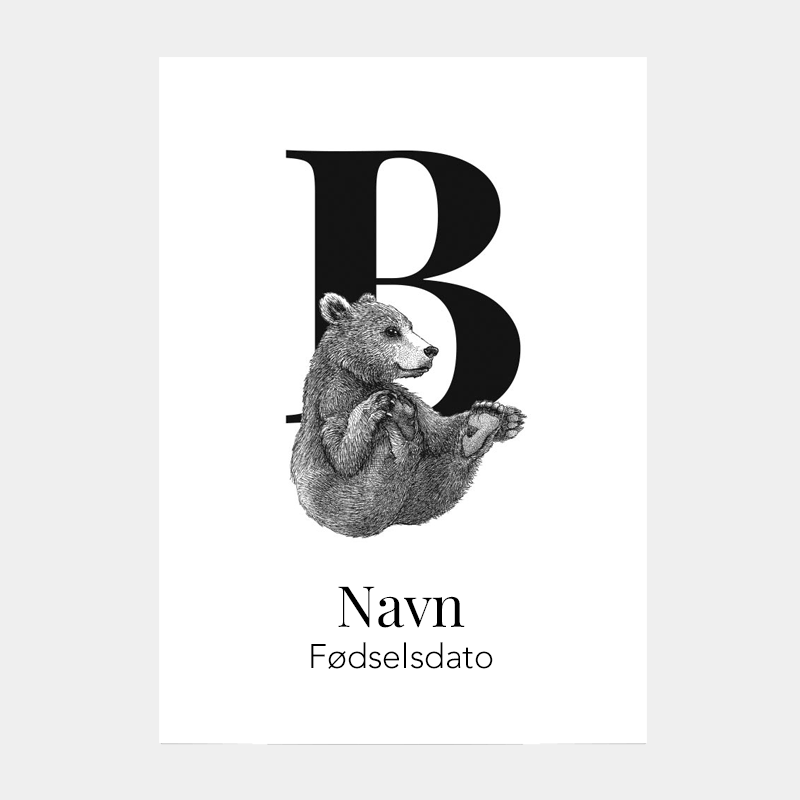 Navneplakat med bogstav B og bjørn – personlig plakat til børneværelset, skandinavisk dyreillustration