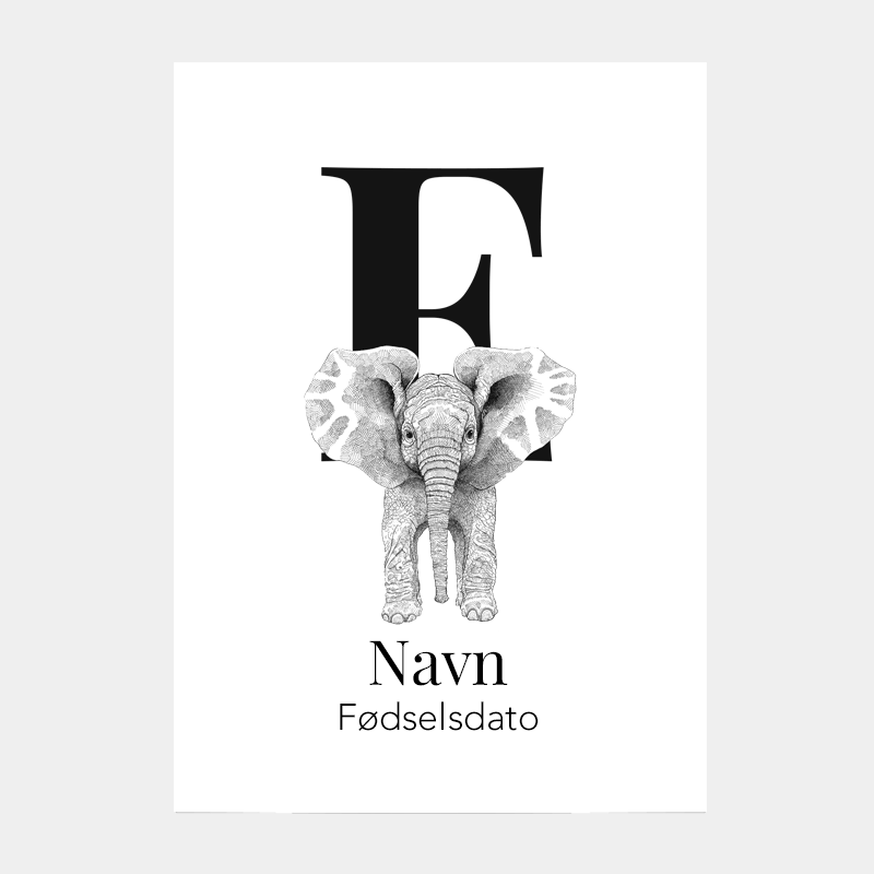 Navneplakat med bogstav E og elefant – personlig plakat til børneværelset, perfekt gave til fødselsdag