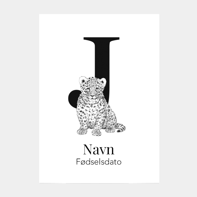 Navneplakat med bogstav J og jaguar – illustration til børneværelset, personlig sprogplakat