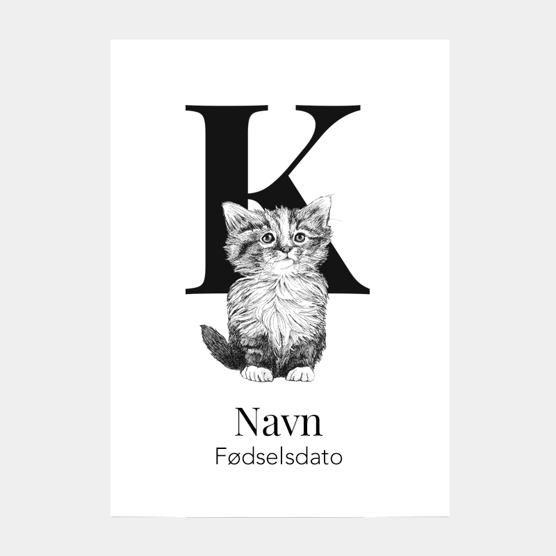 Navneplakat med bogstav K og kat – personlig plakat til børneværelset, perfekt gave til fødselsdag