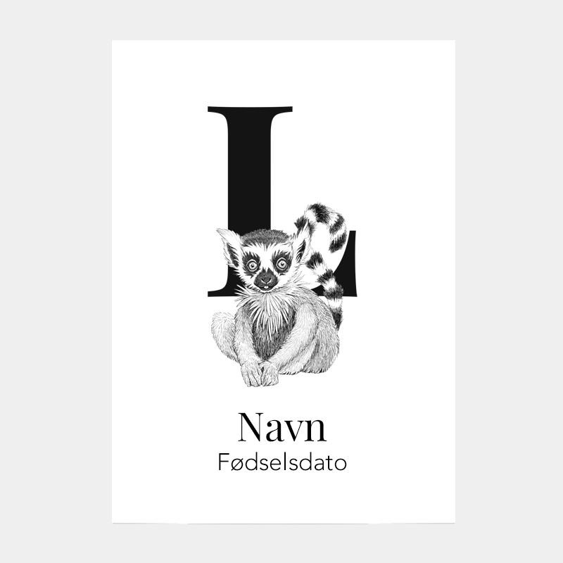 Navneplakat med bogstav L og lemur – personlig bogstavplakat til børneværelset