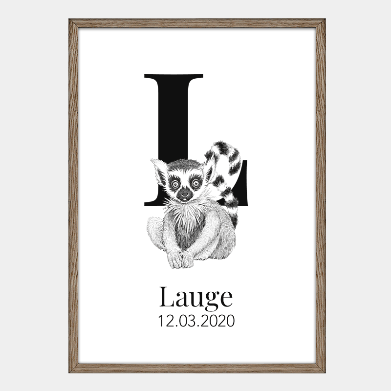 Navneplakat med bogstav L og lemur – personlig bogstavplakat. Perfekt som gave til barnedåb eller fødselsdag