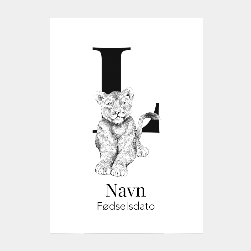 Navneplakat med bogstav L og løve – personlig plakat til børneværelset, gave til fødselsdag og barnedåb