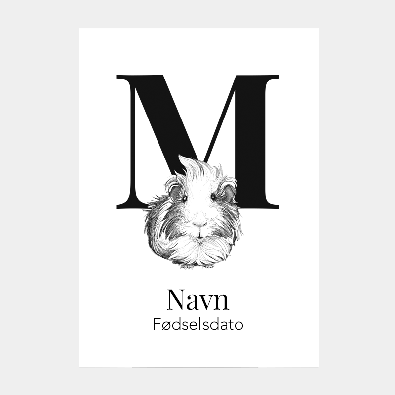 Navneplakat med bogstav M og marsvin – personlig plakat med kæledyr til børneværelset