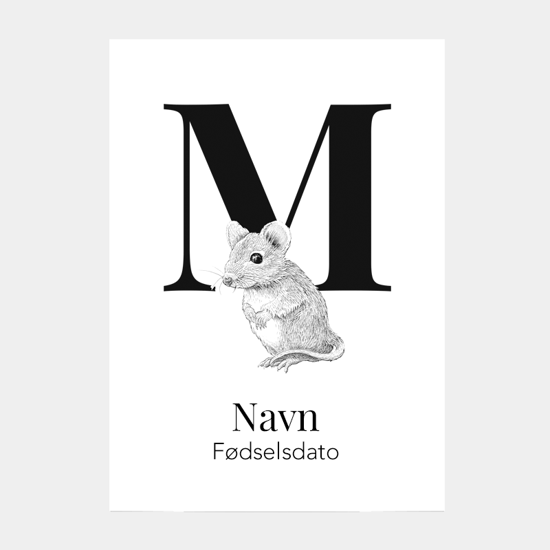 Navneplakat med bogstav M og mus – personlig plakat med dyremotiv til børneværelset
