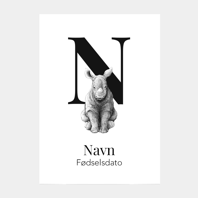 Navneplakat med bogstav N og næsehorn – børneplakat med dyr og bogstav, perfekt gaveidé
