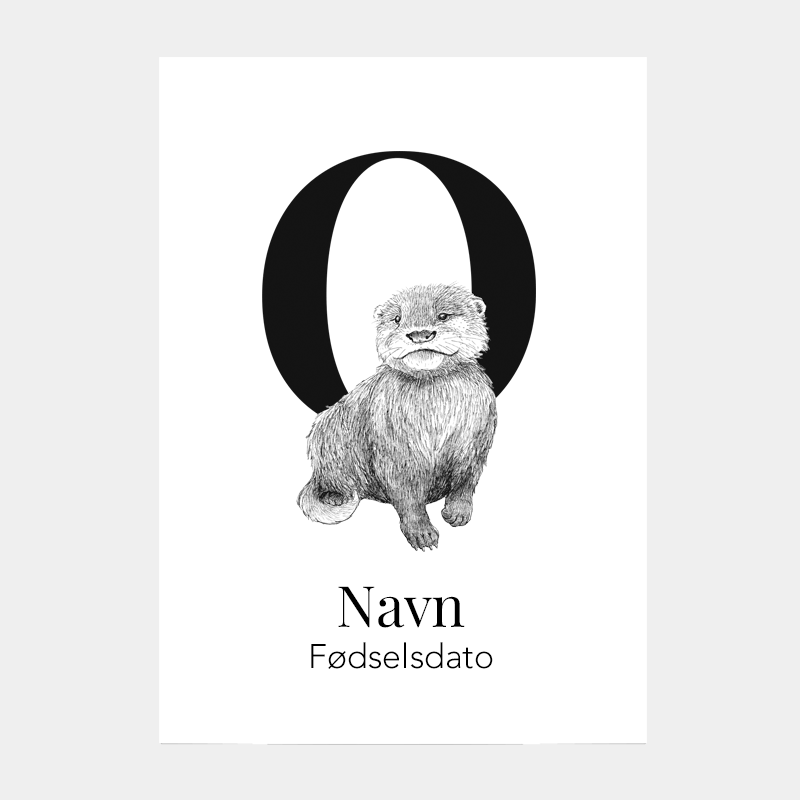 Navneplakat med bogstav O og odder – illustration til børneværelse med personlig dyreplakat