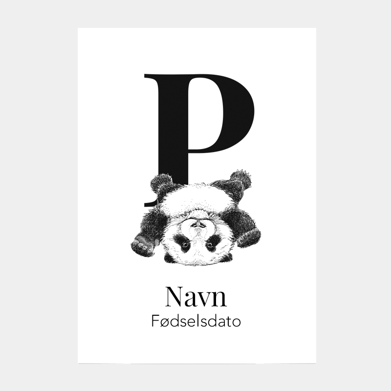 Navneplakat med bogstav P og panda – plakat til børn, perfekt gave til barnedåb og fødselsdag