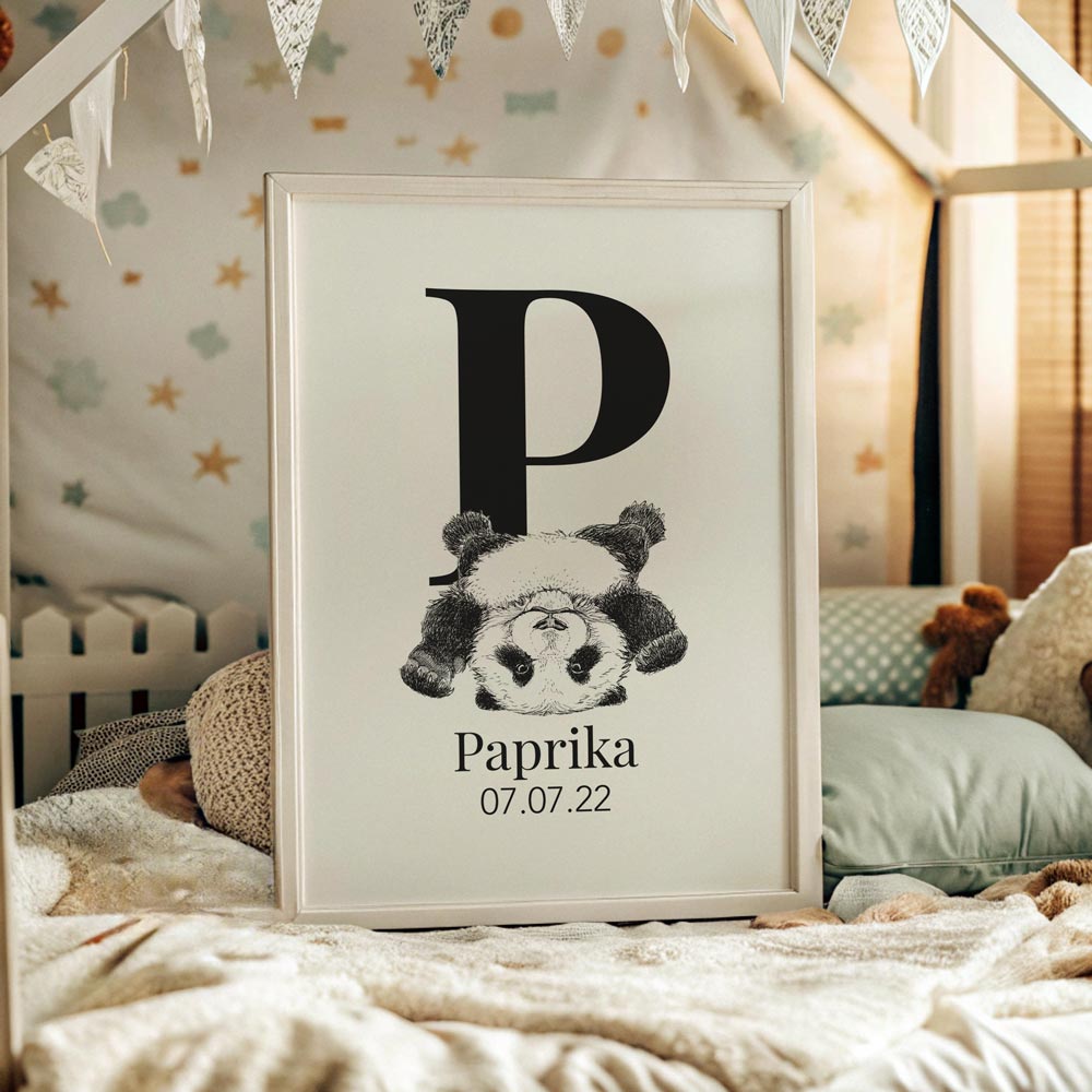 P – Navneplakat med bogstav P og panda – plakat til børn, perfekt gave til barnedåb og fødselsdag