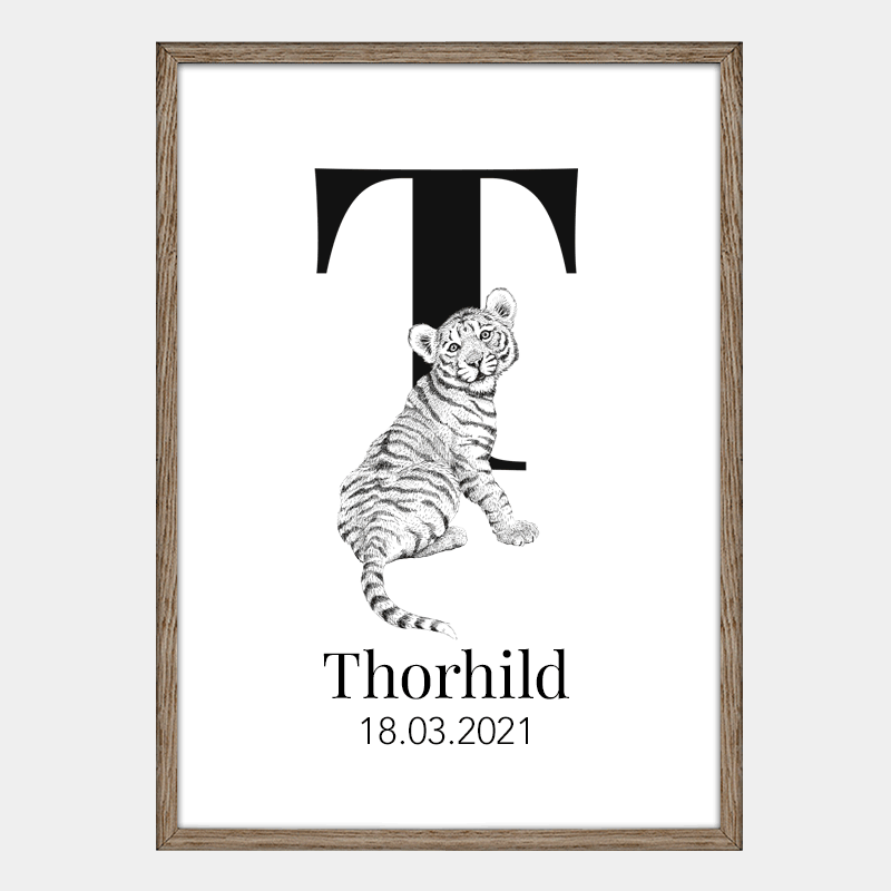 Navneplakat med bogstav T og tiger – personlig plakat til børneværelset, perfekt gave til barnedåb