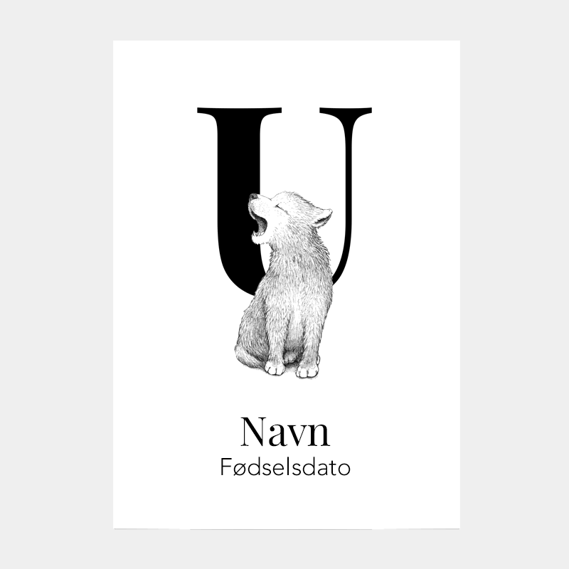 Navneplakat med bogstav U og ulv – dekorativ plakat til børneværelse med bogstav og dyr