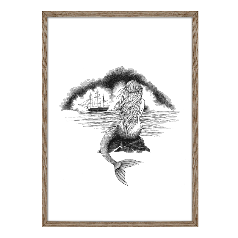 Sort-hvid håndtegnet plakat med havfrue på klippe, inspireret af Den lille havfrue – symbol på længsel og mod.