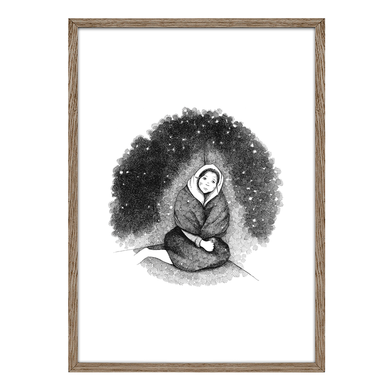 Sort-hvid håndtegnet plakat af den lille pige med svovlstikkerne, inspireret af H.C. Andersens eventyr – symbol på håb og varme.