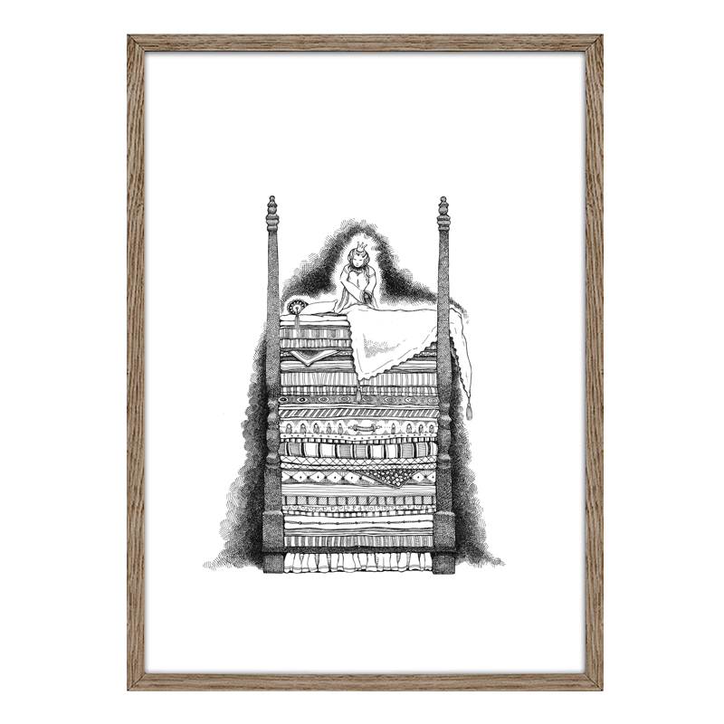 Sort-hvid håndtegnet plakat med prinsesse på en høj seng, inspireret af Prinsessen på ærten – symbol på følsomhed og autenticitet.