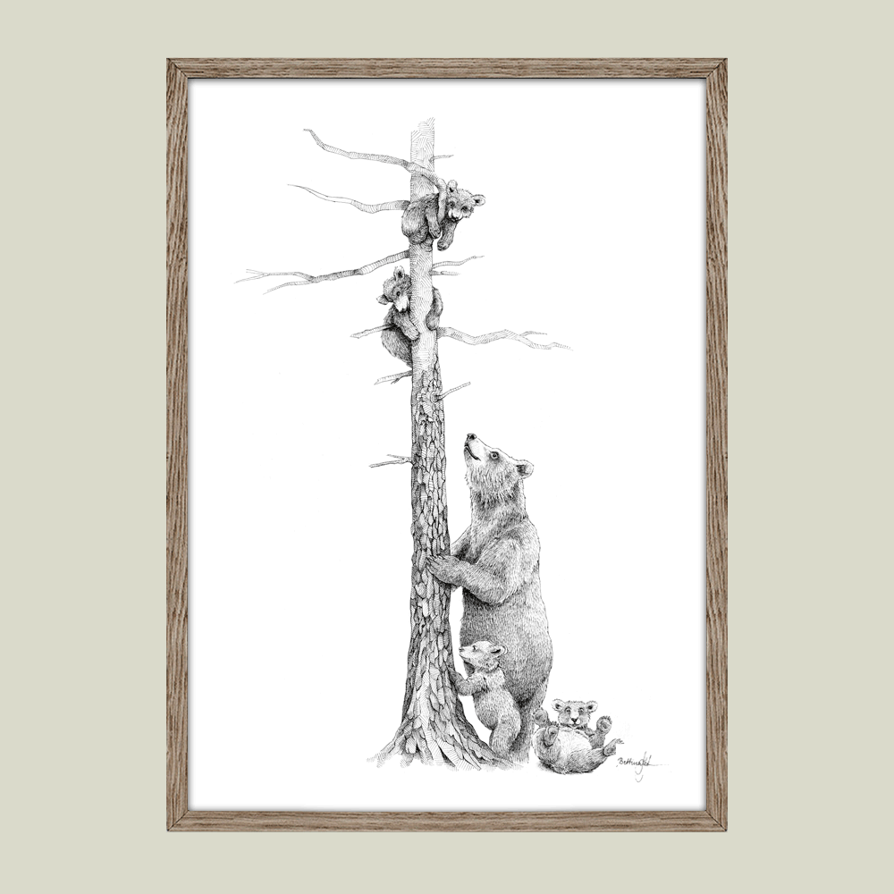 Håndtegnet familieplakat med bjørnemor og unger – symbol på tryghed, kærlighed og at passe på hinanden.