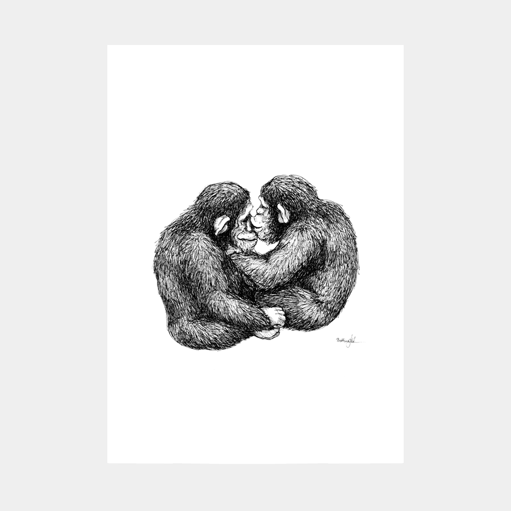 Håndtegnet sort-hvid plakat med to chimpanser, der sidder tæt – symbol på kærlighed og tryghed.