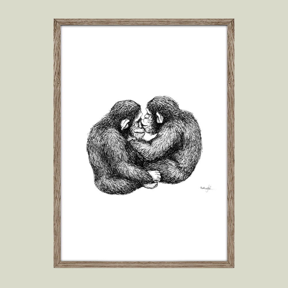 Håndtegnet sort-hvid plakat med to chimpanser, der sidder tæt – symbol på kærlighed og tryghed.