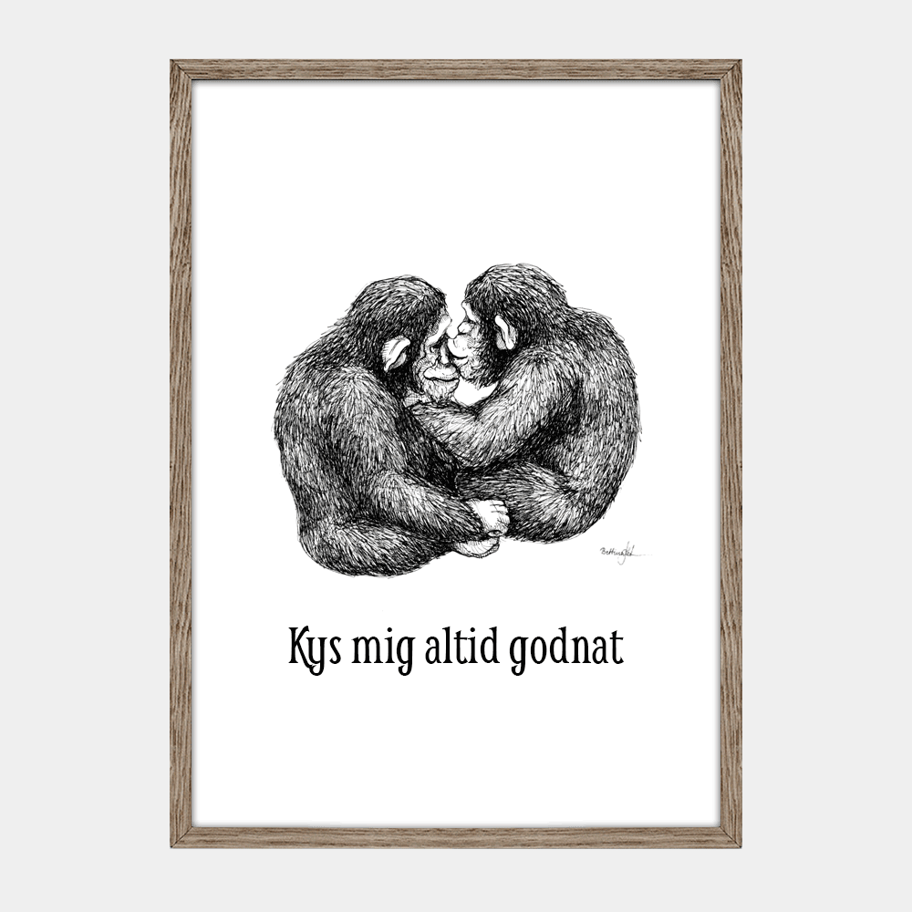 Håndtegnet sort-hvid plakat med to chimpanser, der sidder tæt – symbol på kærlighed og tryghed.