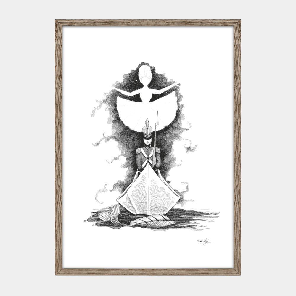 Plakat Den standhaftige tinsoldat, håndtegnet illustration, fra H.C. Andersens eventyr, egetræsramme. Dansk kunstner