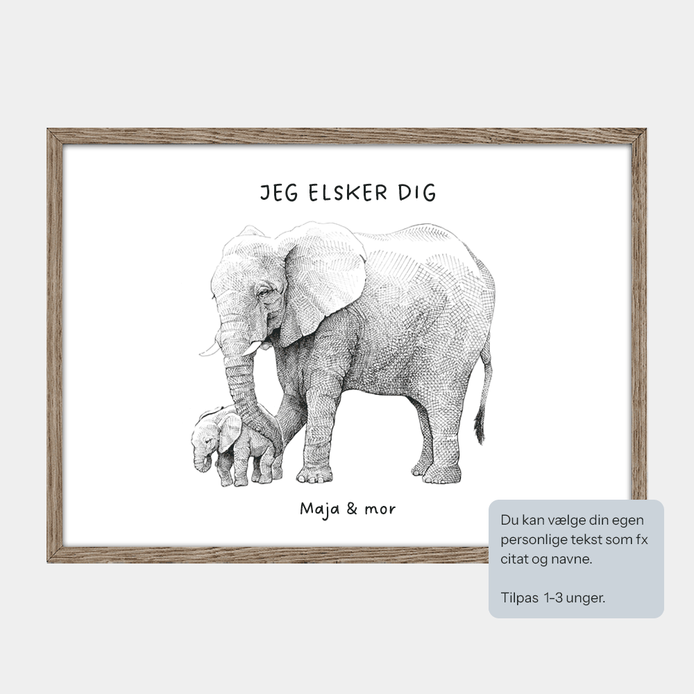 Personlig plakat med lille elefantfamilie, eksempeltekst 'Jeg elsker dig' og navne, egetræsramme