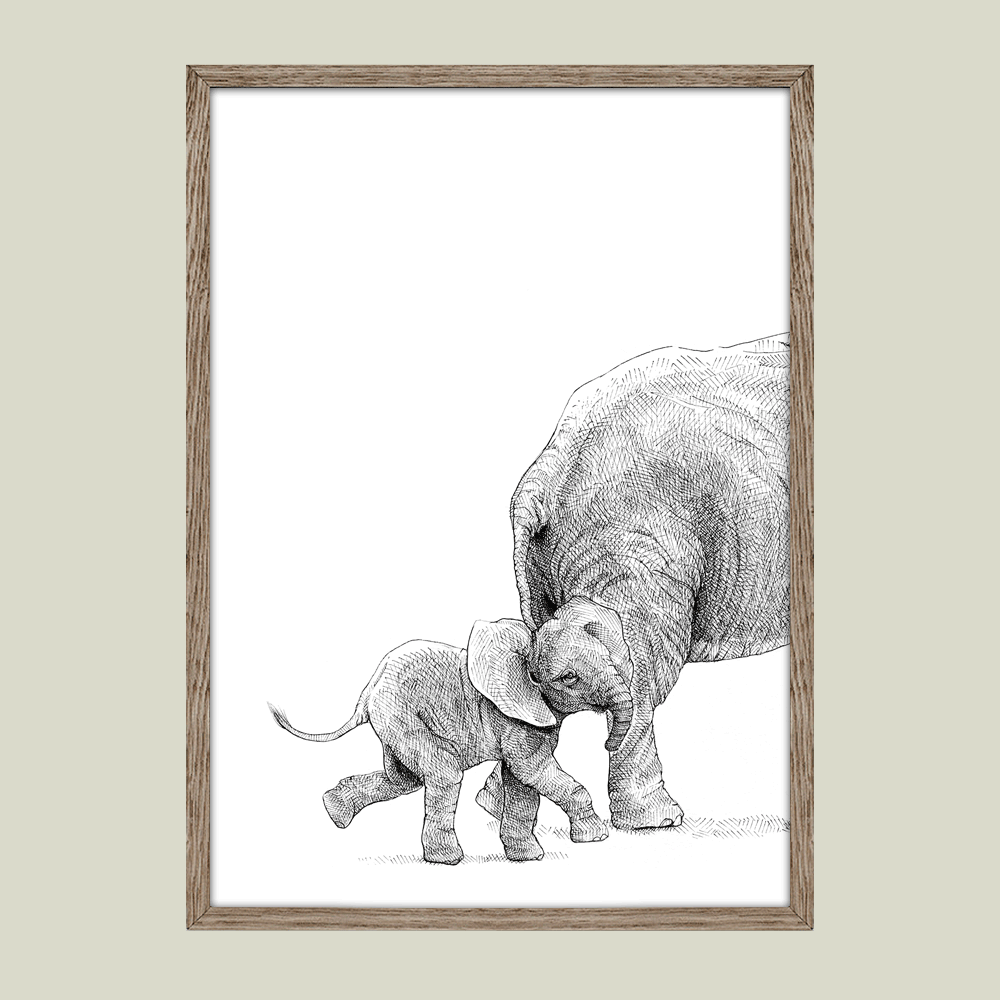 Håndtegnet familieplakat med elefanter – forældre og unge i et motiv, der symboliserer kærlighed, beskyttelse og samhørighed.