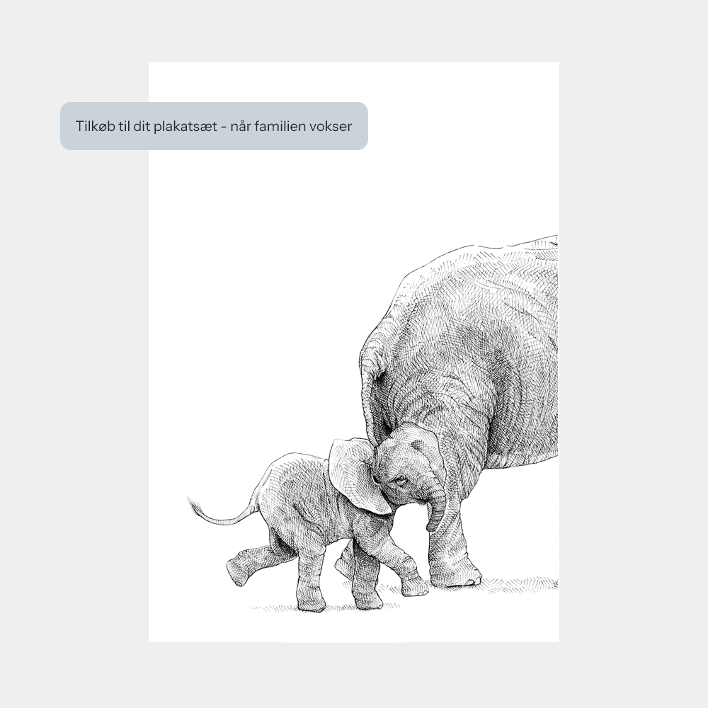 Håndtegnet familieplakat med elefanter – forældre og unge i et motiv, der symboliserer kærlighed, beskyttelse og samhørighed.