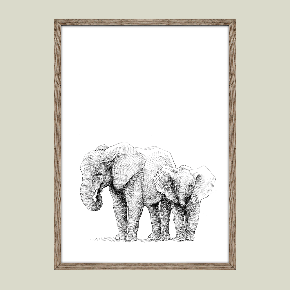 Håndtegnet familieplakat med elefanter – forældre og unge i et motiv, der symboliserer kærlighed, beskyttelse og samhørighed.