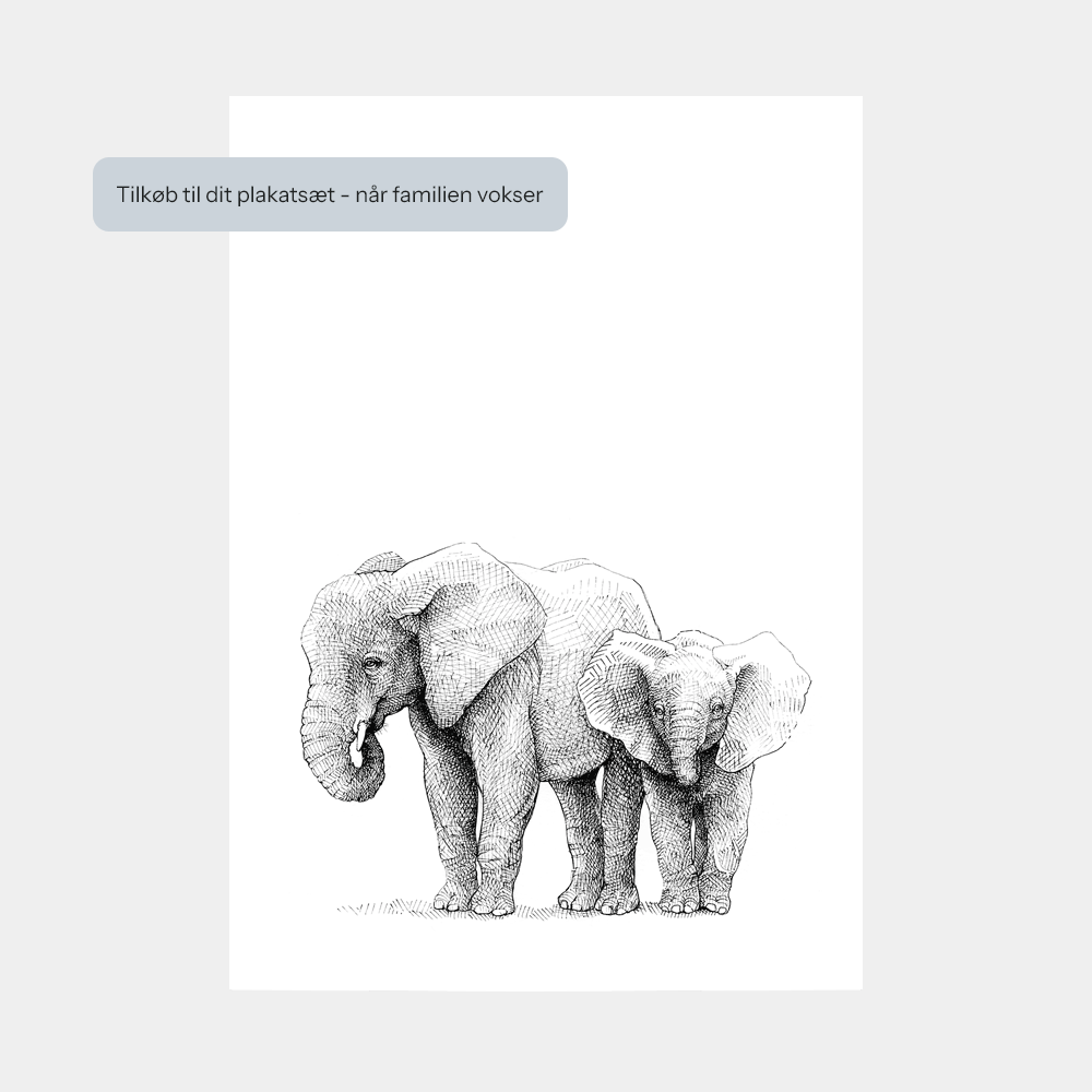 Håndtegnet familieplakat med elefanter – forældre og unge i et motiv, der symboliserer kærlighed, beskyttelse og samhørighed.