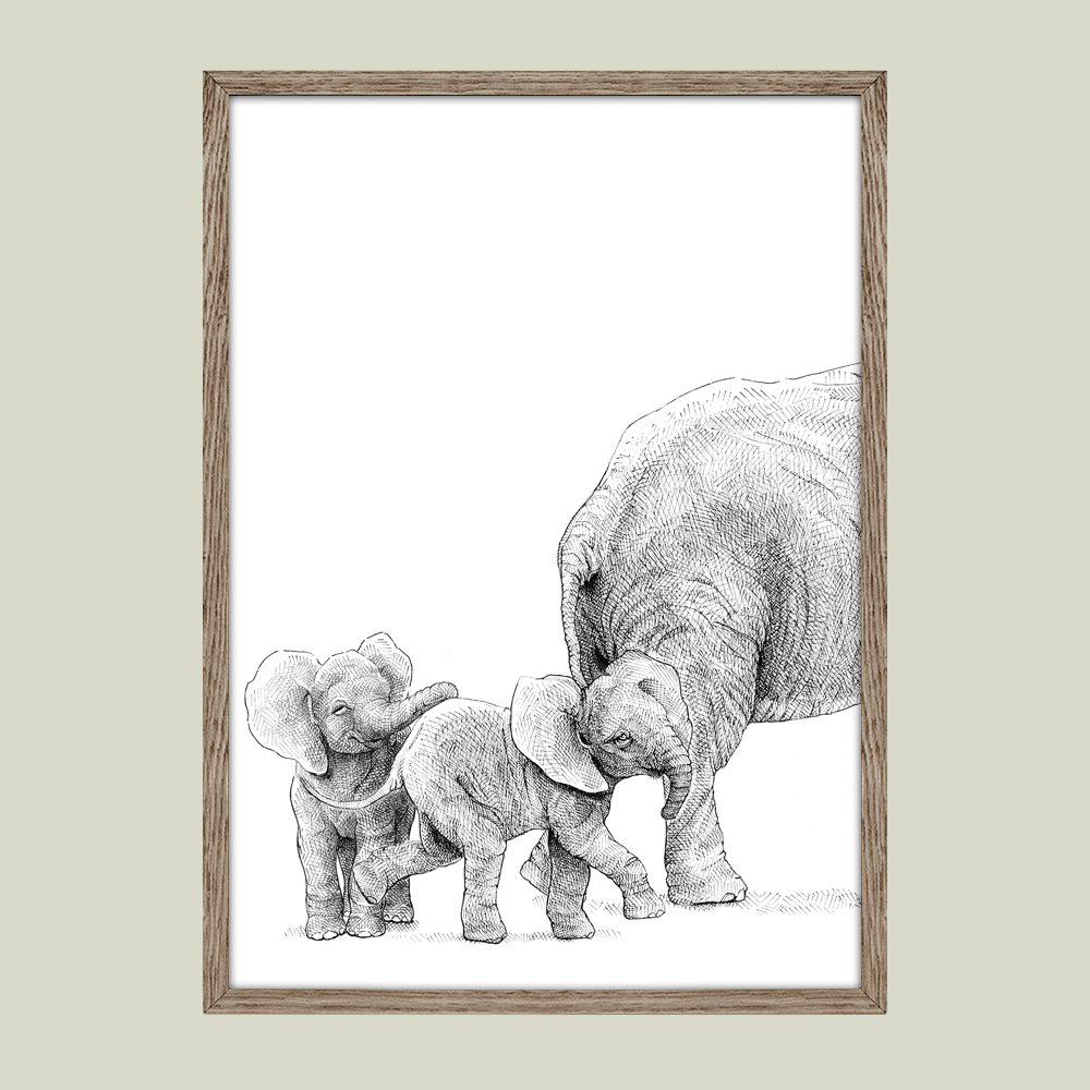 Håndtegnet familieplakat med elefanter – forældre og unge i et motiv, der symboliserer kærlighed, beskyttelse og samhørighed.