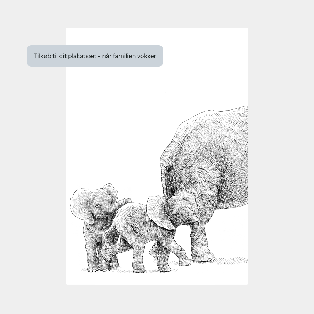Håndtegnet familieplakat med elefanter – forældre og unge i et motiv, der symboliserer kærlighed, beskyttelse og samhørighed.