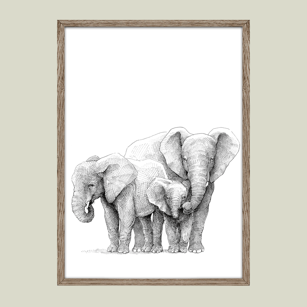 Håndtegnet familieplakat med elefanter – forældre og unge i et motiv, der symboliserer kærlighed, beskyttelse og samhørighed.