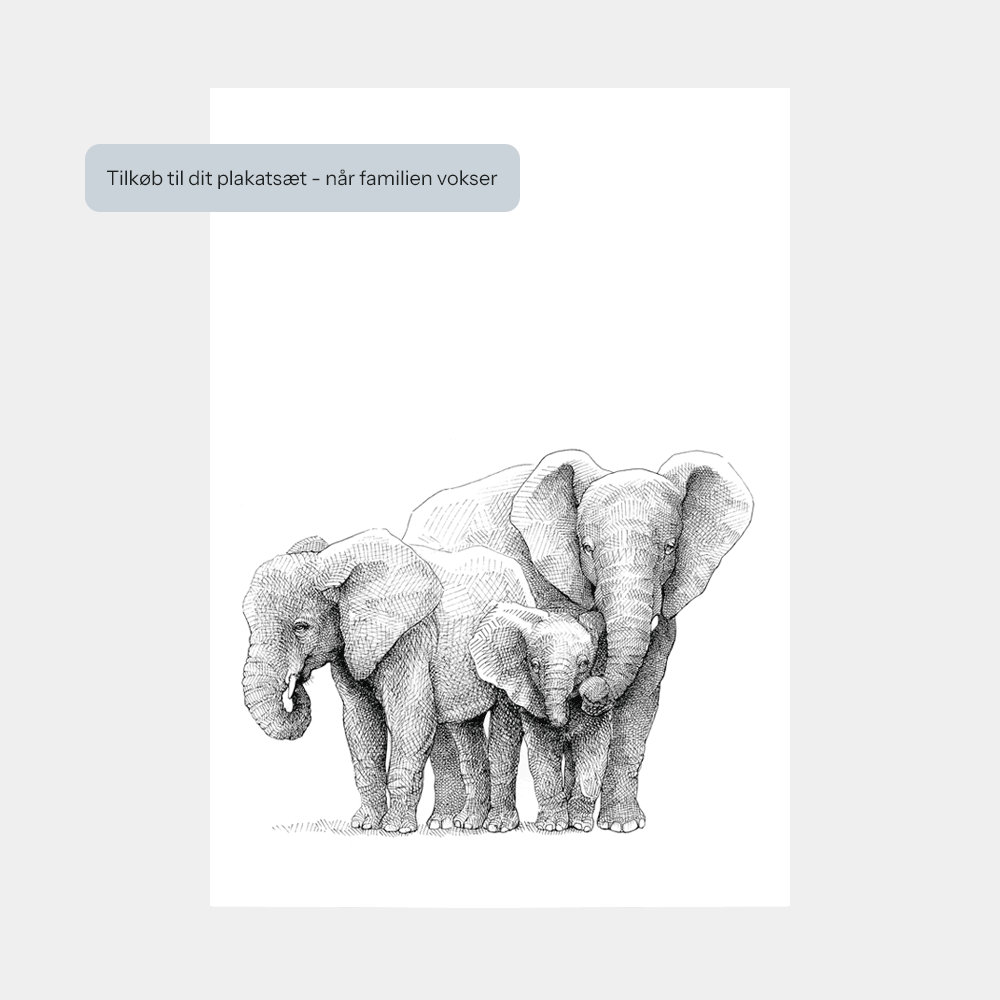 Håndtegnet familieplakat med elefanter – forældre og unge i et motiv, der symboliserer kærlighed, beskyttelse og samhørighed.