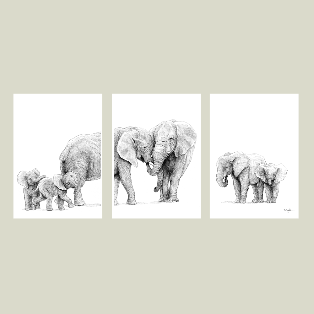 Håndtegnet familieplakat med elefanter – forældre og fire unger i et motiv, der symboliserer kærlighed, beskyttelse og samhørighed.