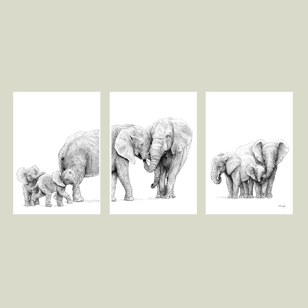 Håndtegnet familieplakat med elefanter – forældre og fem unger i et motiv, der symboliserer kærlighed, beskyttelse og samhørighed.