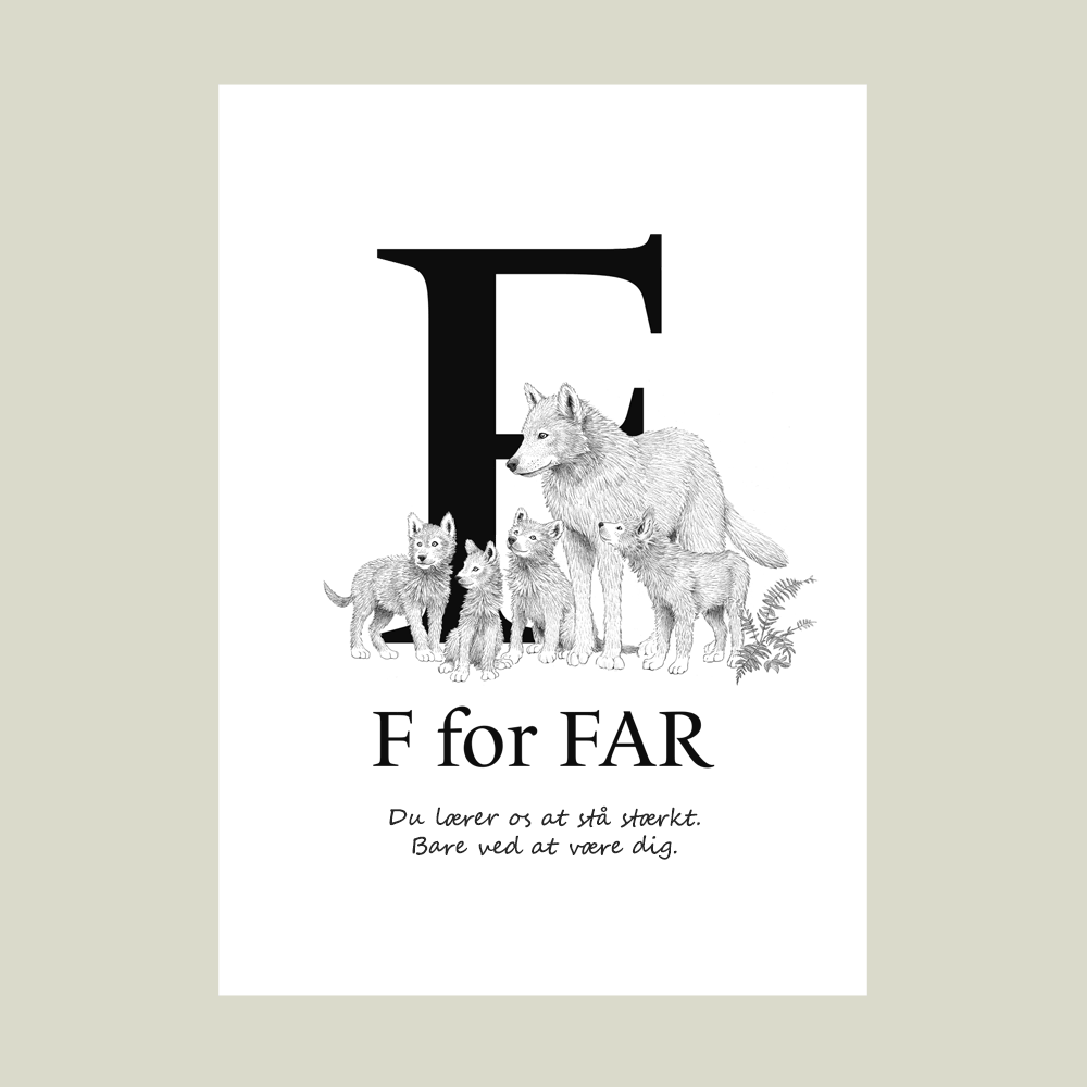 Plakat med ulv og unger – F for FAR. En personlig og kærlig gave til far.