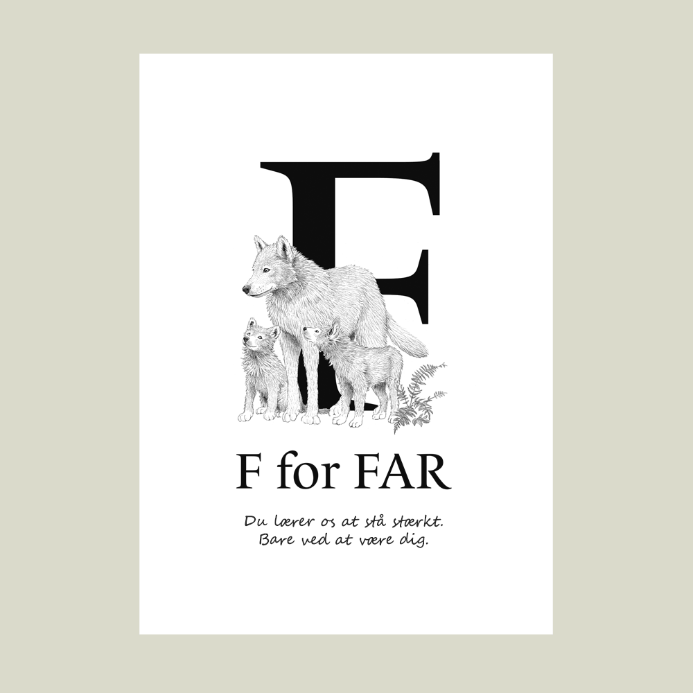 Plakat med ulv og unger – F for FAR. En personlig og kærlig gave til far.