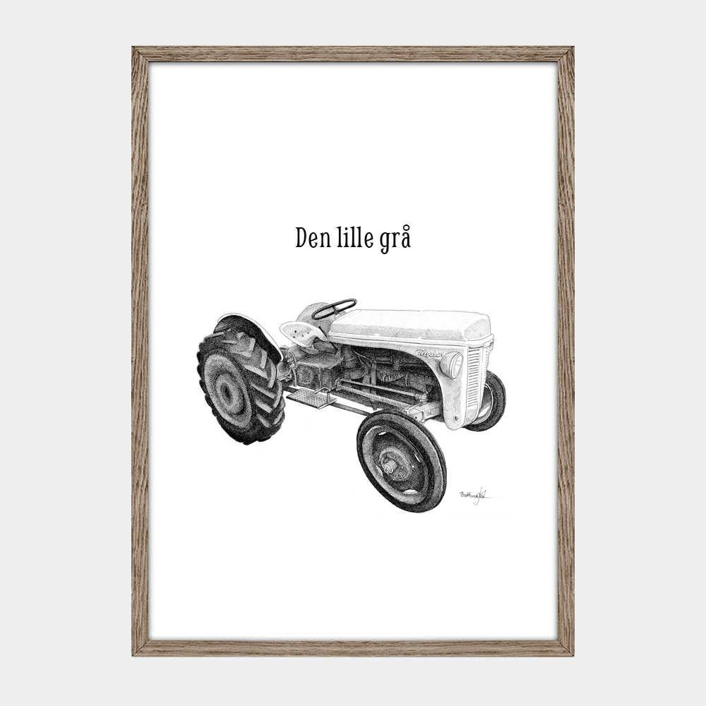 Håndtegnet sort-hvid illustration af en gammel grå Ferguson traktor i sideperspektiv. Et nostalgisk og karakterfuldt motiv fra landlivet.