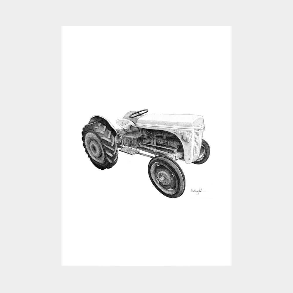 Håndtegnet sort-hvid illustration af en gammel grå Ferguson traktor i sideperspektiv. Et nostalgisk og karakterfuldt motiv fra landlivet.