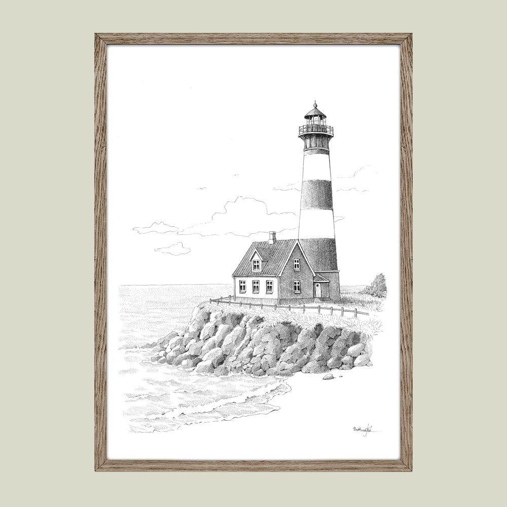 Håndtegnet plakat med fyrtårn ved havet – naturmotiv fra serien Ved havet