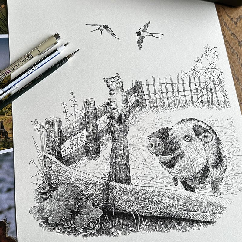 Plakat med gris og kat – Det gode liv